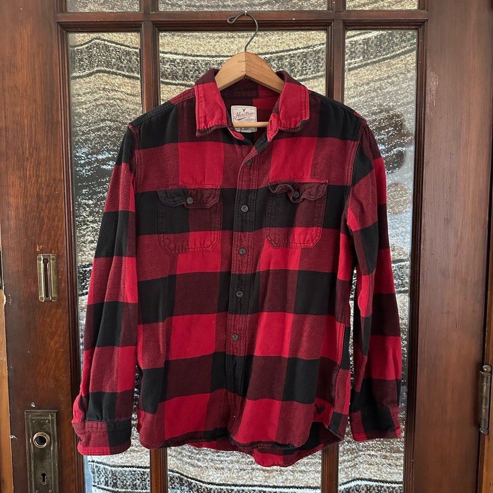 Cabincore Red Black Buffalo Check Flannel Shirt Outdoors Adventure Gorpcore Cozy